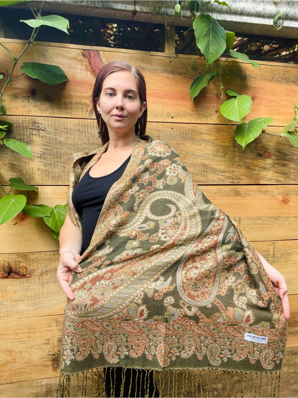 Guatemalan Paisley Fringed Shawl Wrap in Olive and Rust - Unbranded